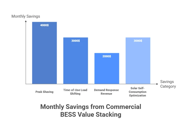 Bar chart illustrating commercial BESS value stacking: monthly savings from peak shaving ($4,000), time-of-use load shifting ($2,000–$4,000), demand response revenue, and solar self-consumption optimization, totaling $72,000–$96,000+ in combined annual savings. Bar chart illustrating commercial BESS value stacking: monthly savings from peak shaving ($4,000), time-of-use load shifting ($2,000–$4,000), demand response revenue, and solar self-consumption optimization, totaling $72,000–$96,000+ in combined annual savings.